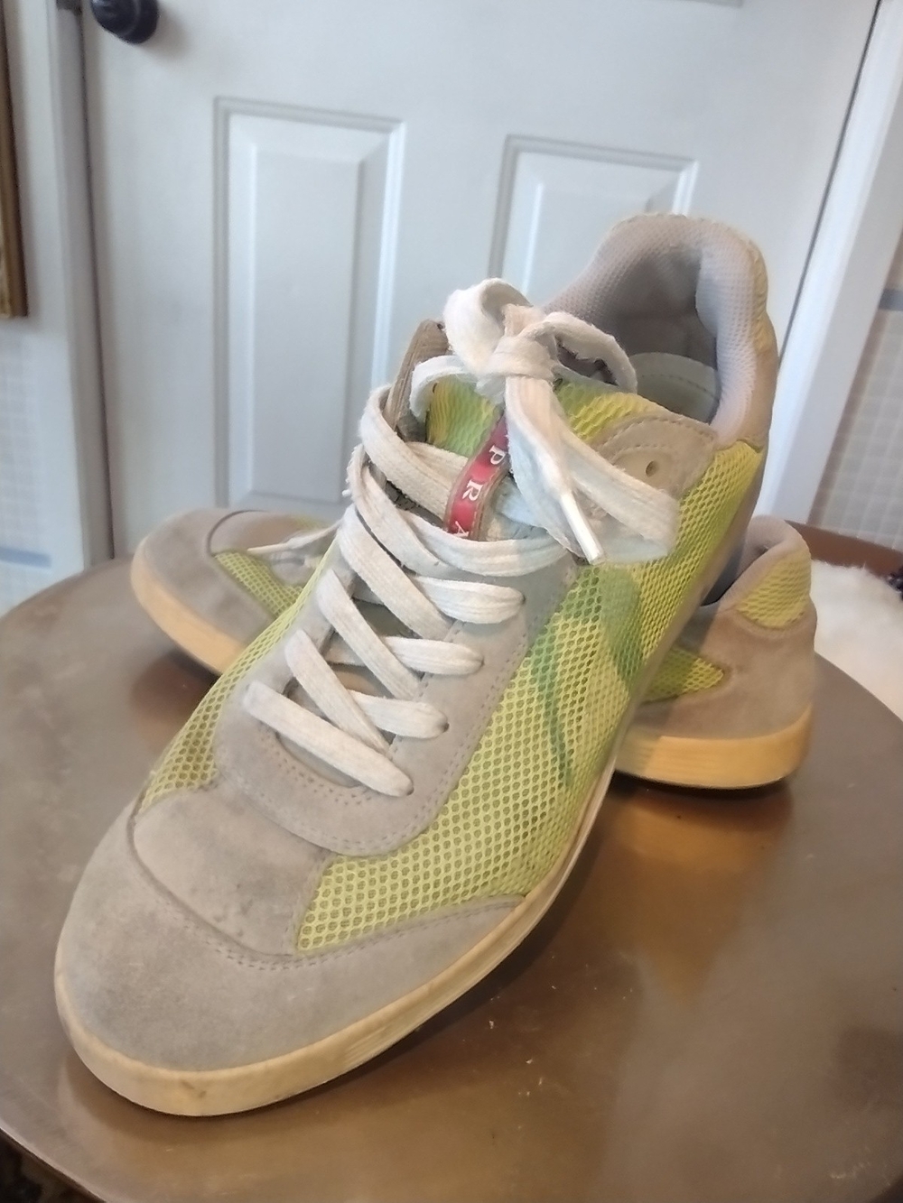 Prada Men's Gray and Yellow-Green Mesh Sneakers